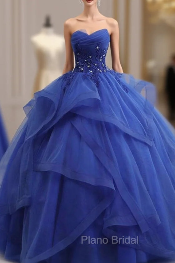 Blue Lace Strapless Ball Gown Formal Dresses, Blue Long Sweet 16 Dresses Secondary image