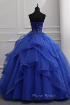 Blue Lace Strapless Ball Gown Formal Dresses, Blue Long Sweet 16 Dresses