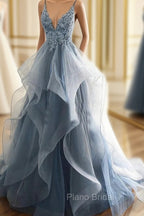 Blue Lace Top with Layers Tulle Formal Prom Dresses, New Straps Evening Gown