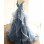 Blue Lace Top with Layers Tulle Formal Prom Dresses, New Straps Evening Gown