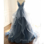 Blue Lace Top with Layers Tulle Formal Prom Dresses, New Straps Evening Gown
