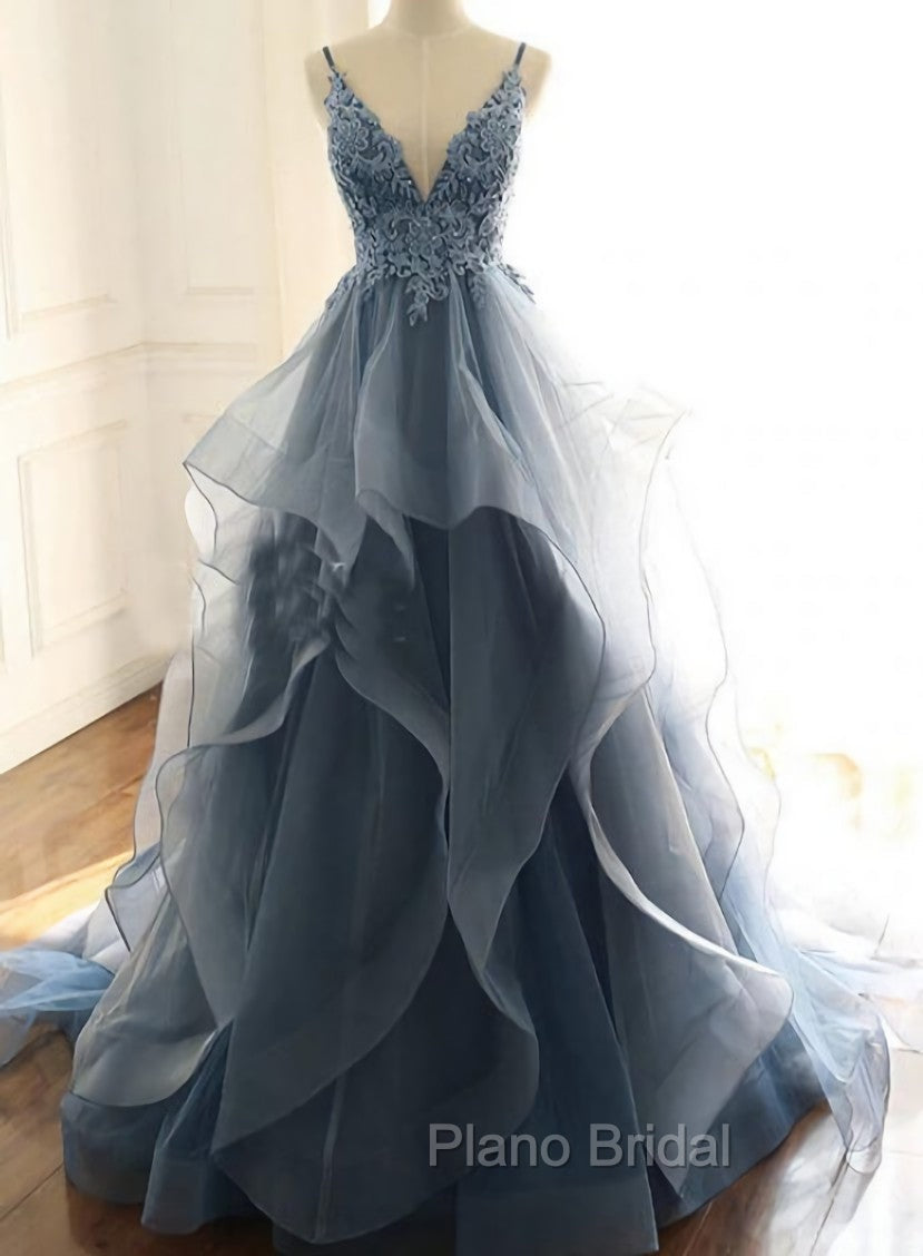 Blue Lace Top with Layers Tulle Formal Prom Dresses, New Straps Evening Gown