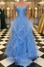 Blue Lace Tulle Long Formal Prom Dresses, Blue Lace Ball Gown, Blue Lace Formal Dresses, Evening Dresses