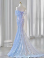 Blue Laser Sequin Beaded Mermaid Women Evening Dresses with Puff Sleeves Tassel Pearls Tulle Train Formal Prom Gown