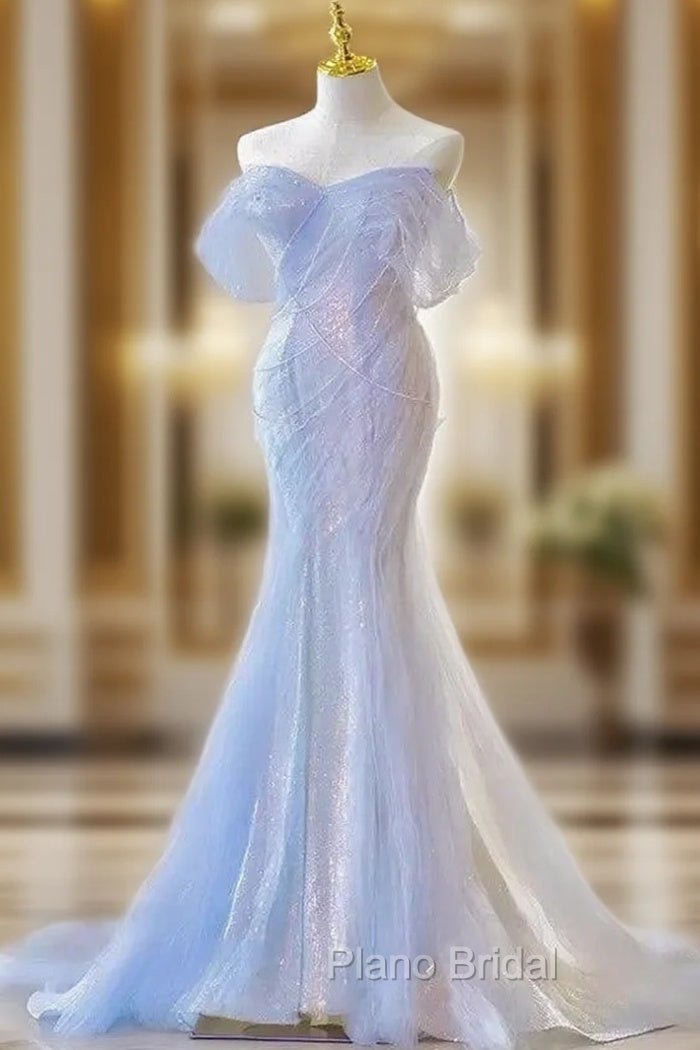 Blue Laser Sequin Beaded Mermaid Women Evening Dresses with Puff Sleeves Tassel Pearls Tulle Train Formal Prom Gown