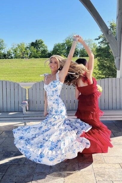 Blue Elegant A-Line Layered Chiffon Floral Backless Long Ball Gown Formal Evening Dresses Formal Prom Dresses Graduation Dresses