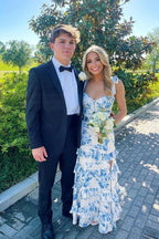Blue Elegant A-Line Layered Chiffon Floral Backless Long Ball Gown Formal Evening Dresses Formal Prom Dresses Graduation Dresses