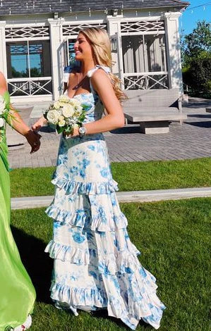 Blue Elegant A-Line Layered Chiffon Floral Backless Long Ball Gown Formal Evening Dresses Formal Prom Dresses Graduation Dresses