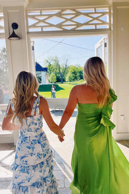 Blue Elegant A-Line Layered Chiffon Floral Backless Long Ball Gown Formal Evening Dresses Formal Prom Dresses Graduation Dresses