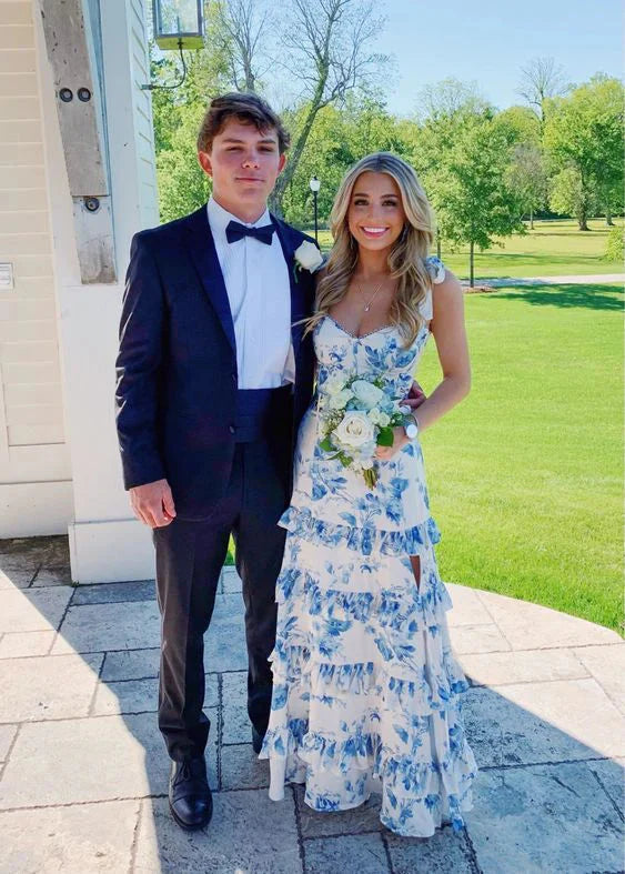 Blue Elegant A-Line Layered Chiffon Floral Backless Long Ball Gown Formal Evening Dresses Formal Prom Dresses Graduation Dresses Main image