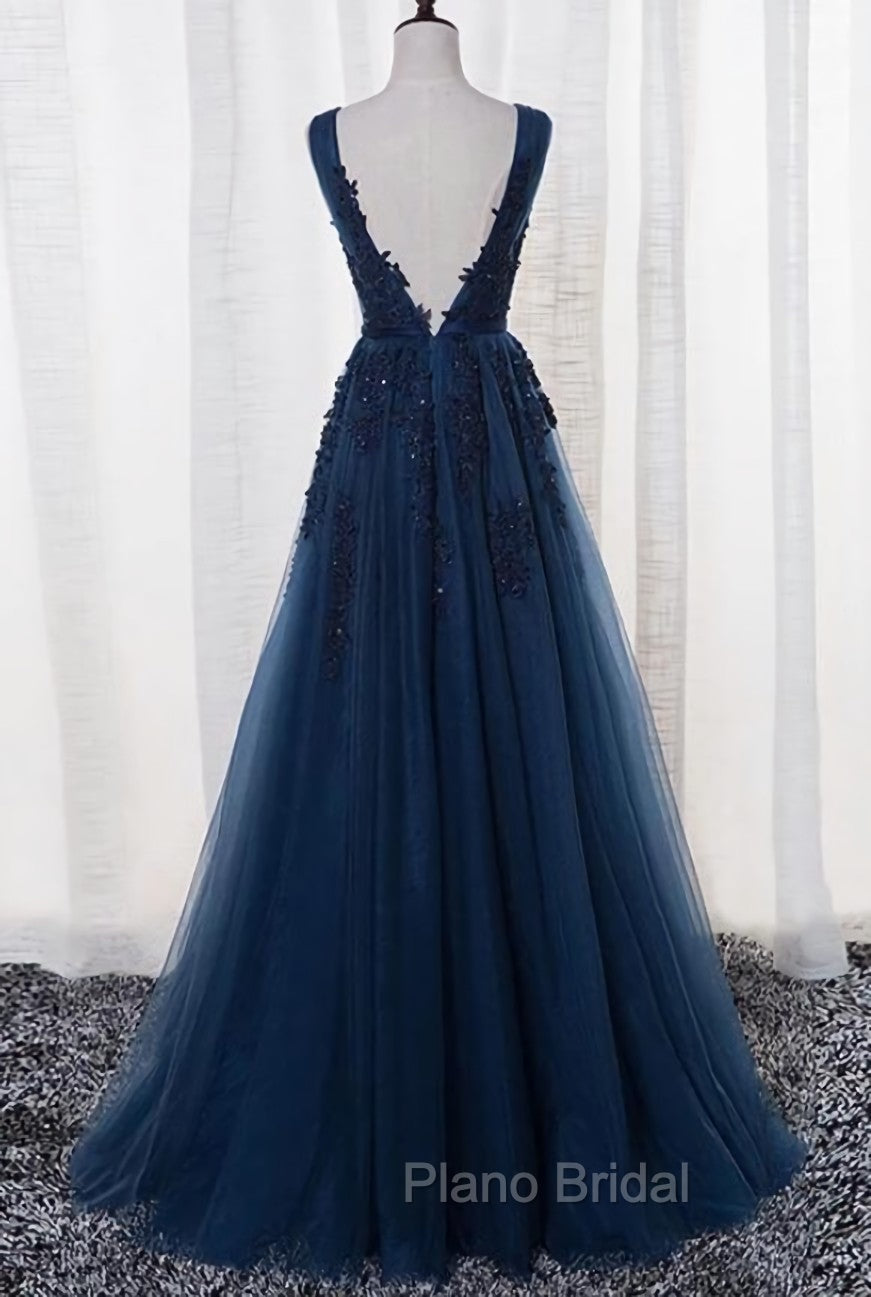 Blue Long A-line Bridesmaid Dresses, Dark Blue Tulle Party Dresses Secondary image