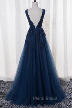 Blue Long A-line Bridesmaid Dresses, Dark Blue Tulle Party Dresses