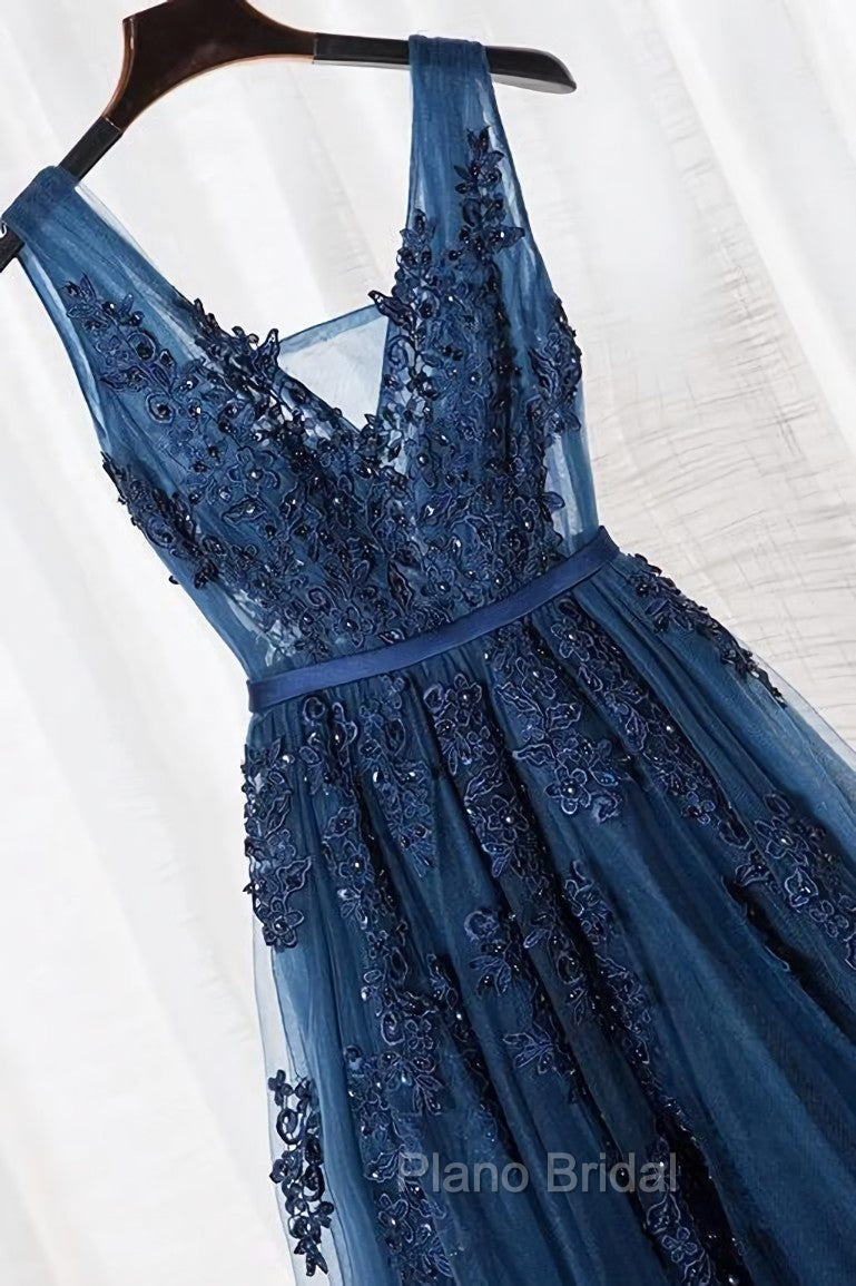 Blue Long A-line Bridesmaid Dresses, Dark Blue Tulle Party Dresses