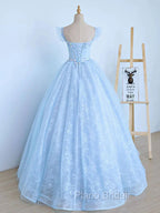 Blue Long Lace Floral Formal Prom Dresses, Long Blue Lace Formal Evening Dresses with Flowers