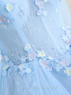 Blue Long Lace Floral Formal Prom Dresses, Long Blue Lace Formal Evening Dresses with Flowers