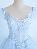 Blue Long Lace Floral Formal Prom Dresses, Long Blue Lace Formal Evening Dresses with Flowers