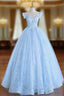 Blue Long Lace Floral Formal Prom Dresses, Long Blue Lace Formal Evening Dresses with Flowers