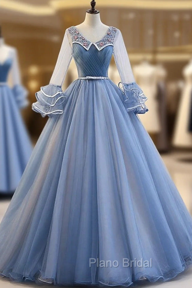 Blue Long Sleeve Tulle Pleats Beading Quinceanera Dresses Main image