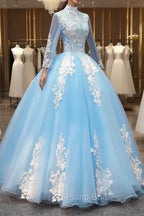 Blue Long Sleeves lace Tulle Sweet 16 Dresses, Light Blue Ball Gown Formal Dresses, Party Dresses