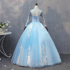 Blue Long Sleeves lace Tulle Sweet 16 Dresses, Light Blue Ball Gown Formal Dresses, Party Dresses