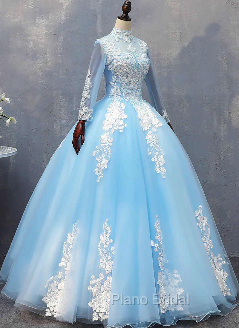 Blue Long Sleeves lace Tulle Sweet 16 Dresses, Light Blue Ball Gown Formal Dresses, Party Dresses Main image