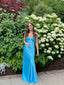 Blue Long Straps Sweetheart Party Dresses Formal Dresses, Blue Satin Formal Evening Dresses