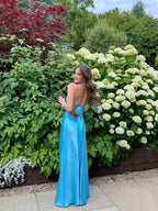 Blue Long Straps Sweetheart Party Dresses Formal Dresses, Blue Satin Formal Evening Dresses