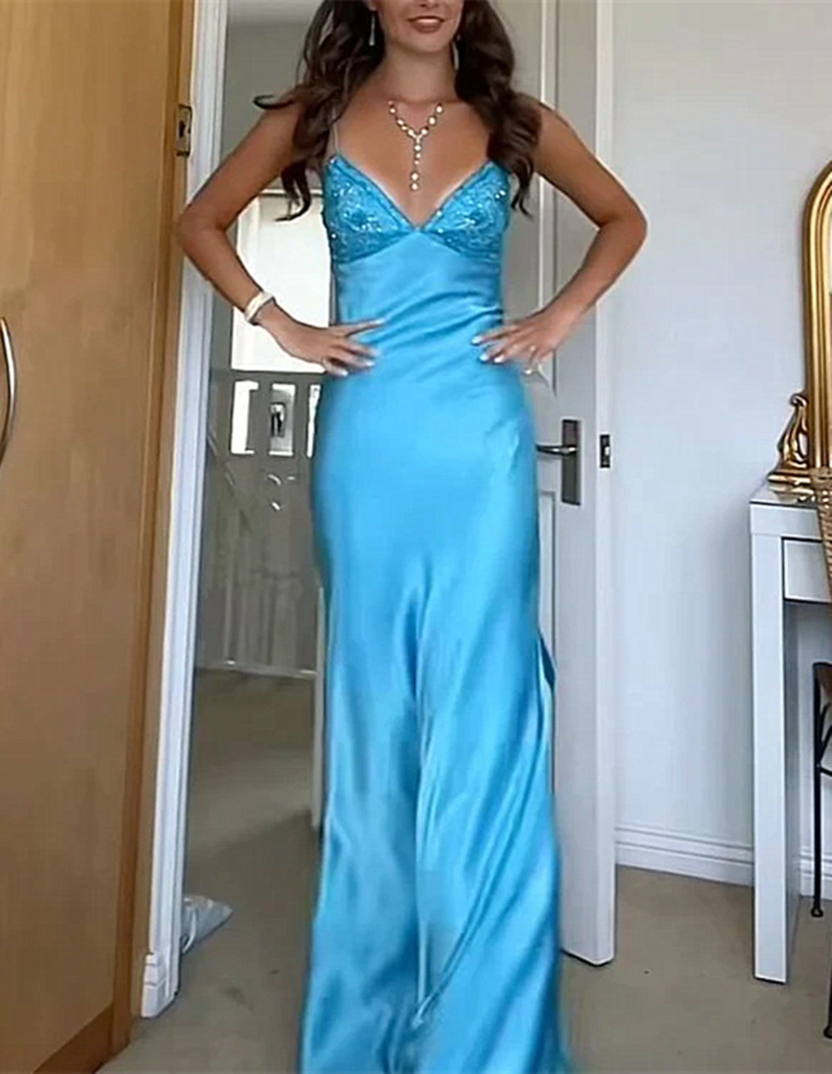 Blue Long Straps Sweetheart Party Dresses Formal Dresses, Blue Satin Formal Evening Dresses