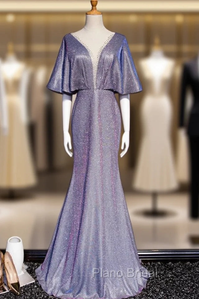 Blue Mermaid Bat Sleeve Beading Formal Prom Dresses