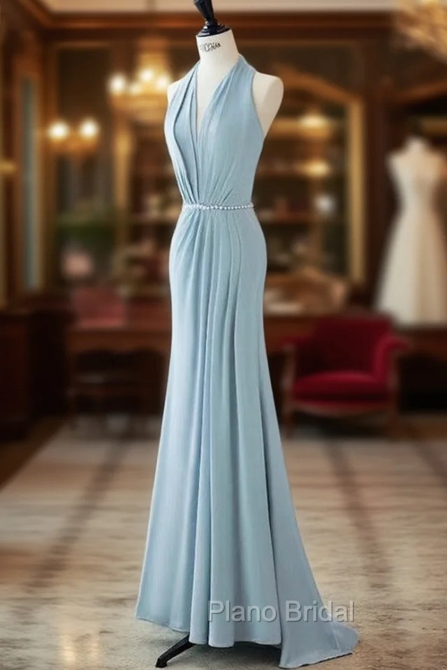 Blue Mermaid Halter Pleats Pearls Formal Prom Dresses Main image