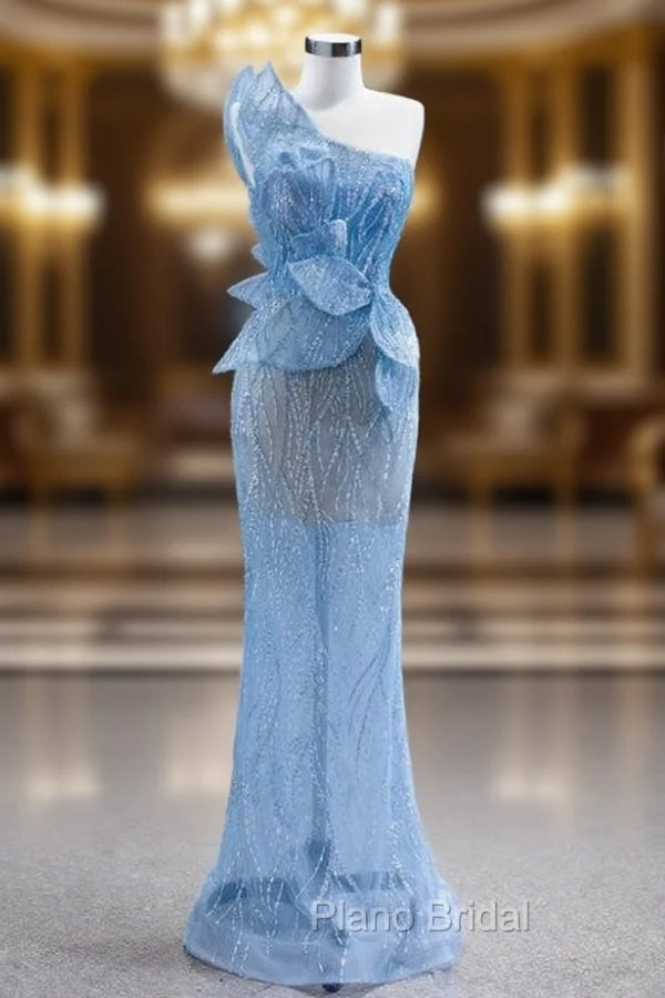 Blue Mermaid One Shoulder Sequins Formal Prom Dresses