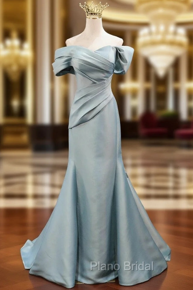 Blue Mermaid Satin Off the Shoulder Pleats Formal Prom Dresses Main image