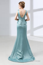 Blue Mermaid Satin V-neck Backless Prom Dresses With Sash