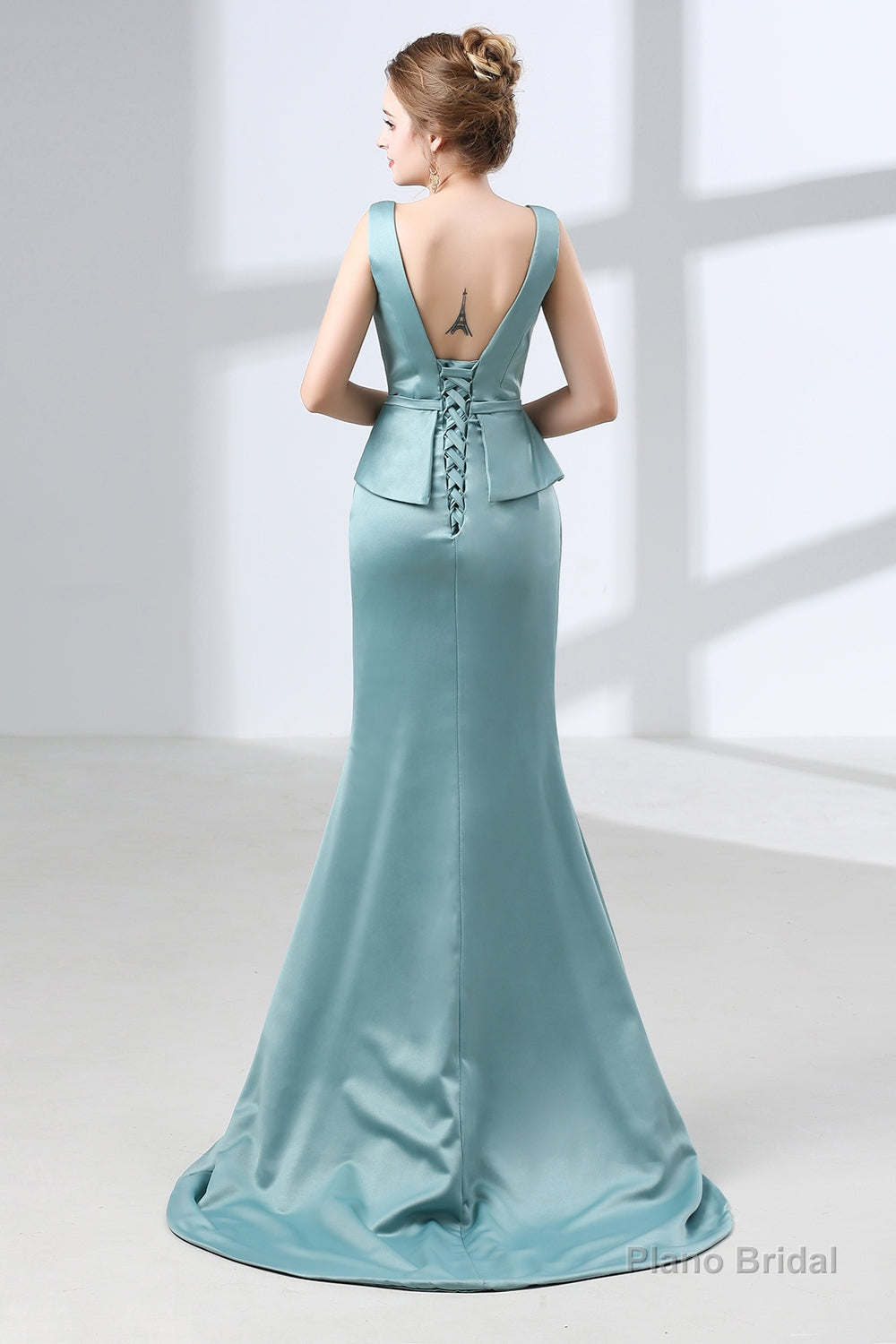 Blue Mermaid Satin V-neck Backless Prom Dresses With Sash
