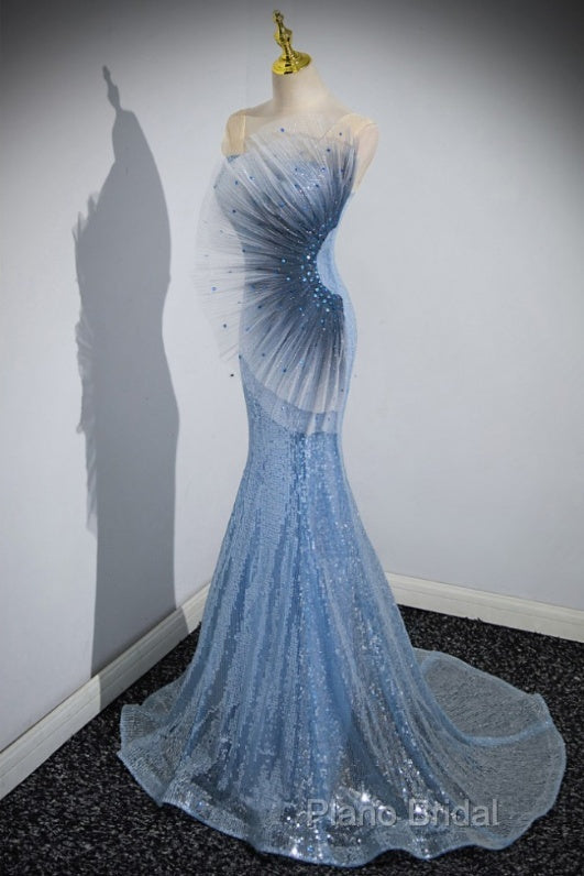 Blue Mermaid Sequin Sheer Straps Scalloped Long Formal Prom Dresses Secondary image