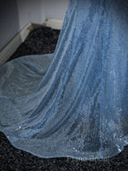 Blue Mermaid Sequin Sheer Straps Scalloped Long Formal Prom Dresses