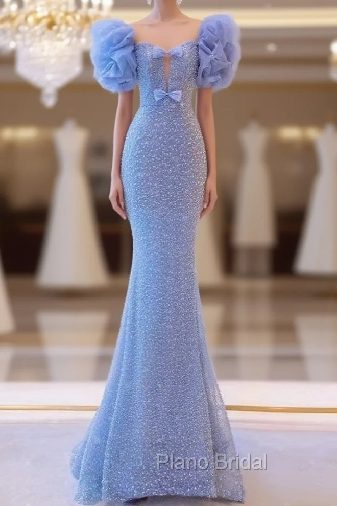 Blue Mermaid Sequins Bow Formal Prom Dresses Main image