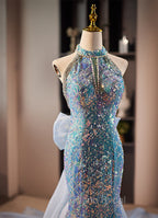 Blue Mermaid Sequins Halter Long Party Dresses with Bow, Blue Sequins Formal Prom Dresses