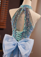 Blue Mermaid Sequins Halter Long Party Dresses with Bow, Blue Sequins Formal Prom Dresses