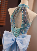 Blue Mermaid Sequins Halter Long Party Dresses with Bow, Blue Sequins Formal Prom Dresses