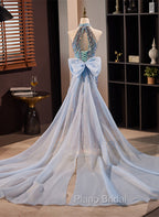 Blue Mermaid Sequins Halter Long Party Dresses with Bow, Blue Sequins Formal Prom Dresses