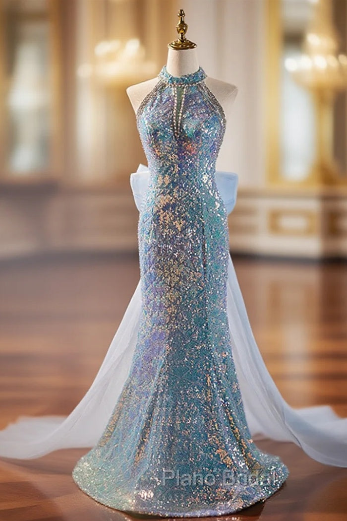 Blue Mermaid Sequins Halter Long Party Dresses with Bow, Blue Sequins Formal Prom Dresses Main image