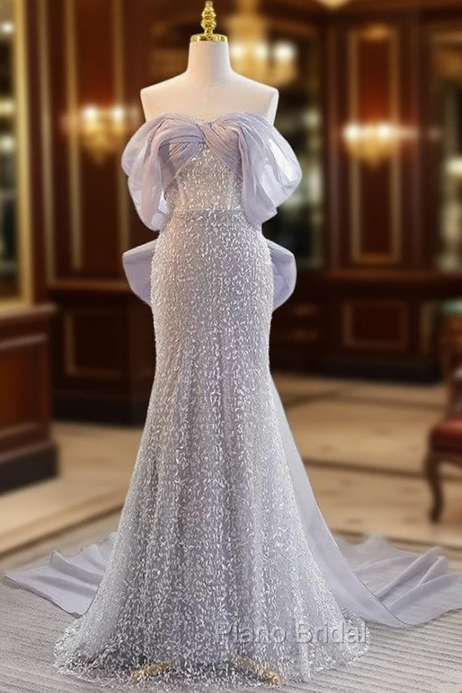 Blue Mermaid Sequins Off the Shoulder Formal Prom Dresses