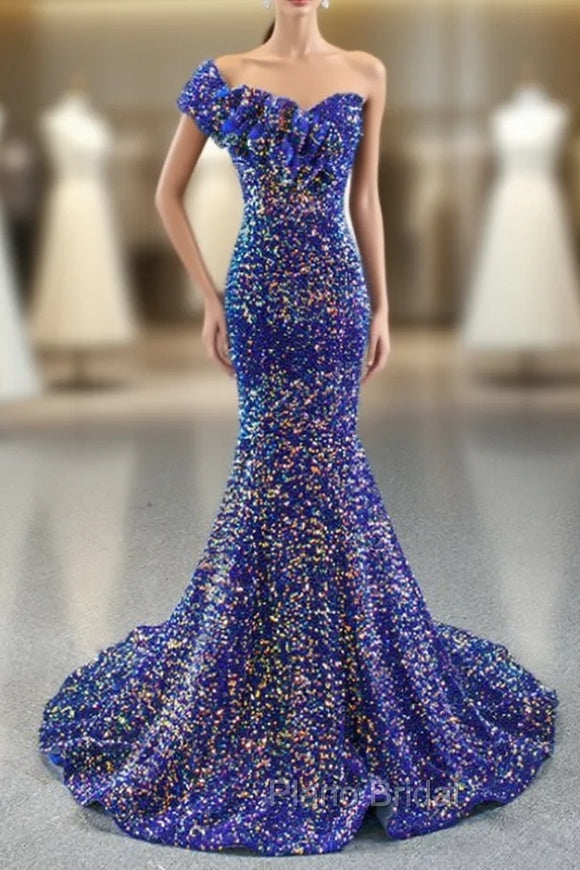 Blue Mermaid Sequins One Shoulder Ruffles Formal Prom Dresses Main image