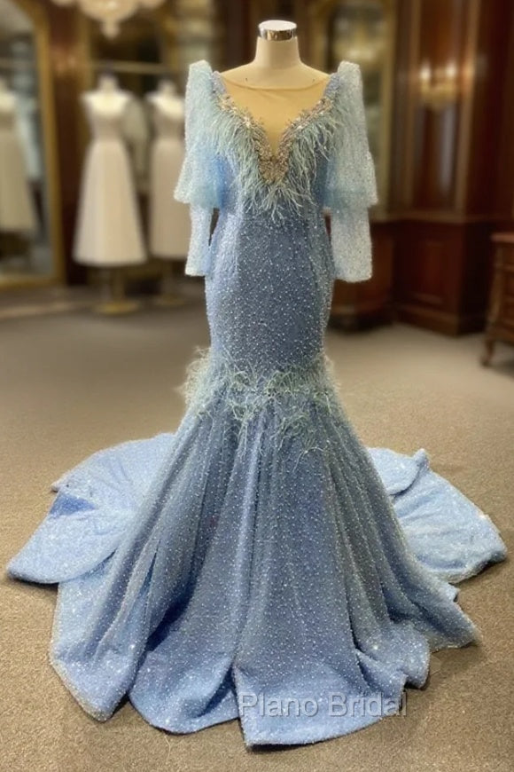 Blue Mermaid Sequins Pearls Long Sleeve Formal Prom Dresses Main image