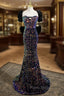 Blue Mermaid Sequins Puff Sleeve Bow Formal Prom Dresses