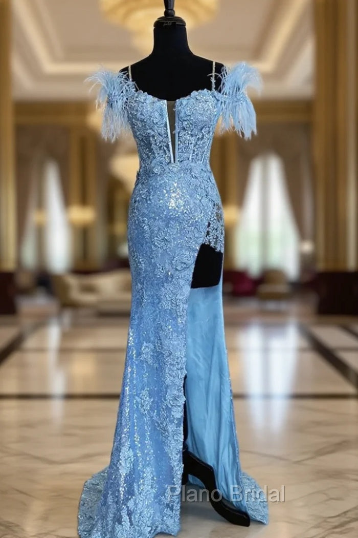 Blue Mermaid Sequins Spaghetti Straps Feather Formal Prom Dresses Main image