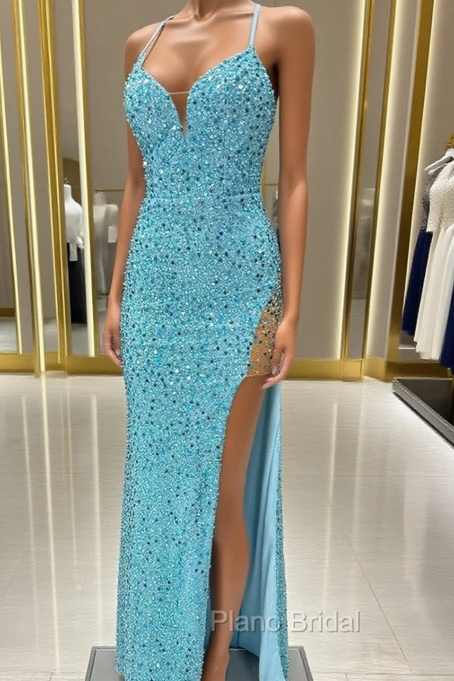 Blue Mermaid Sequins Split Formal Prom Dresses Main image