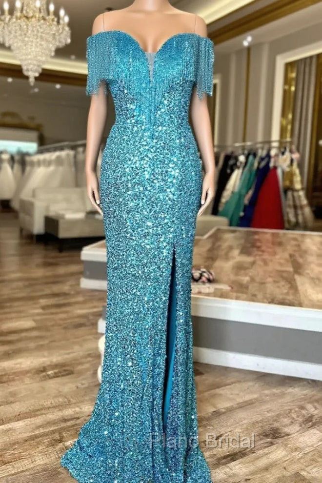Blue Mermaid Sequins Straps Beading Split Formal Prom Dresses Main image