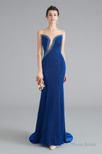 Mermaid Sheer Neck Beaded Sequins Satin Prom Dresses